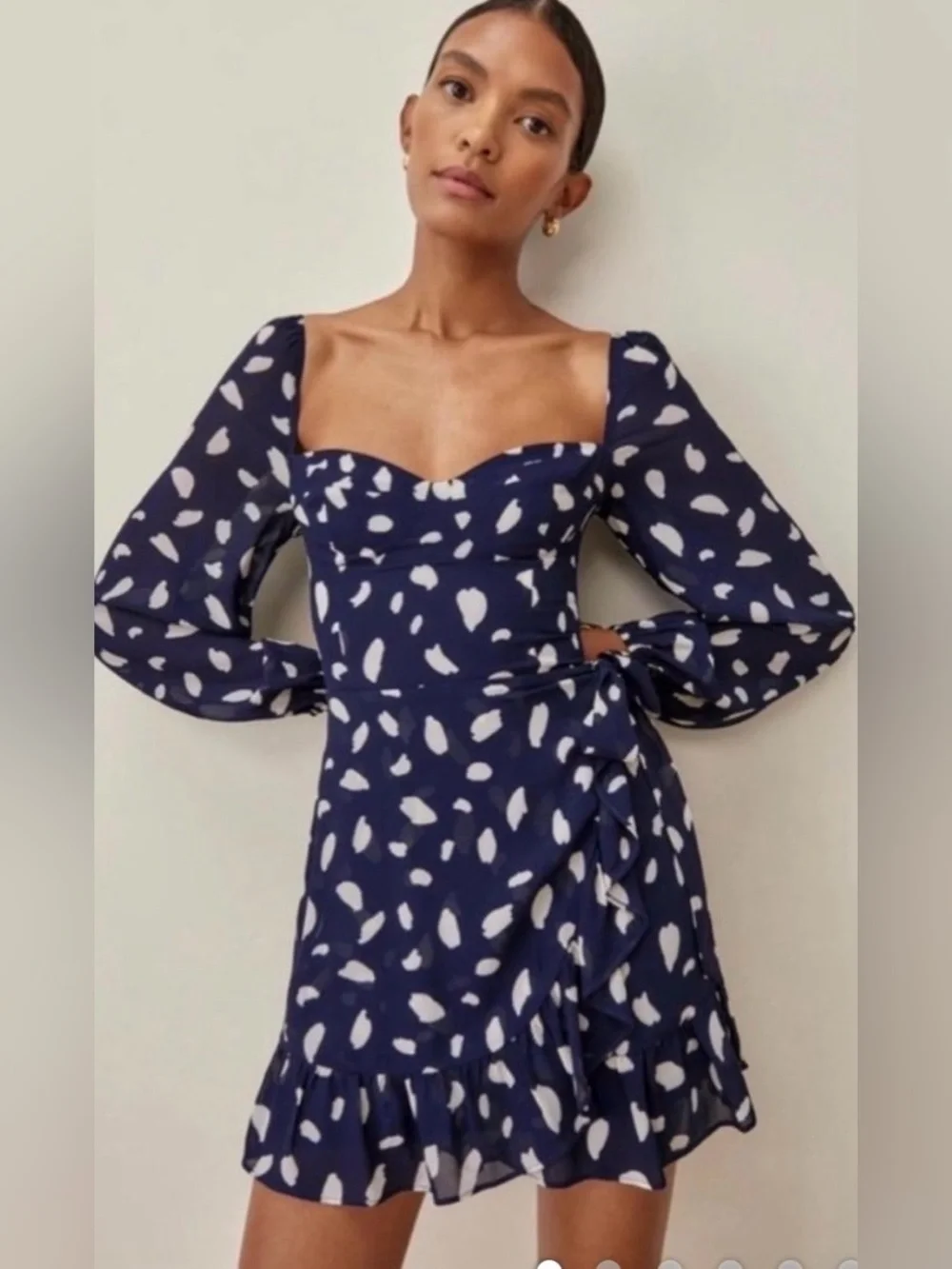 Reformation‎ Cammi Navy Cream Polka Dot Puff Sleeve Mini Dress Size 6